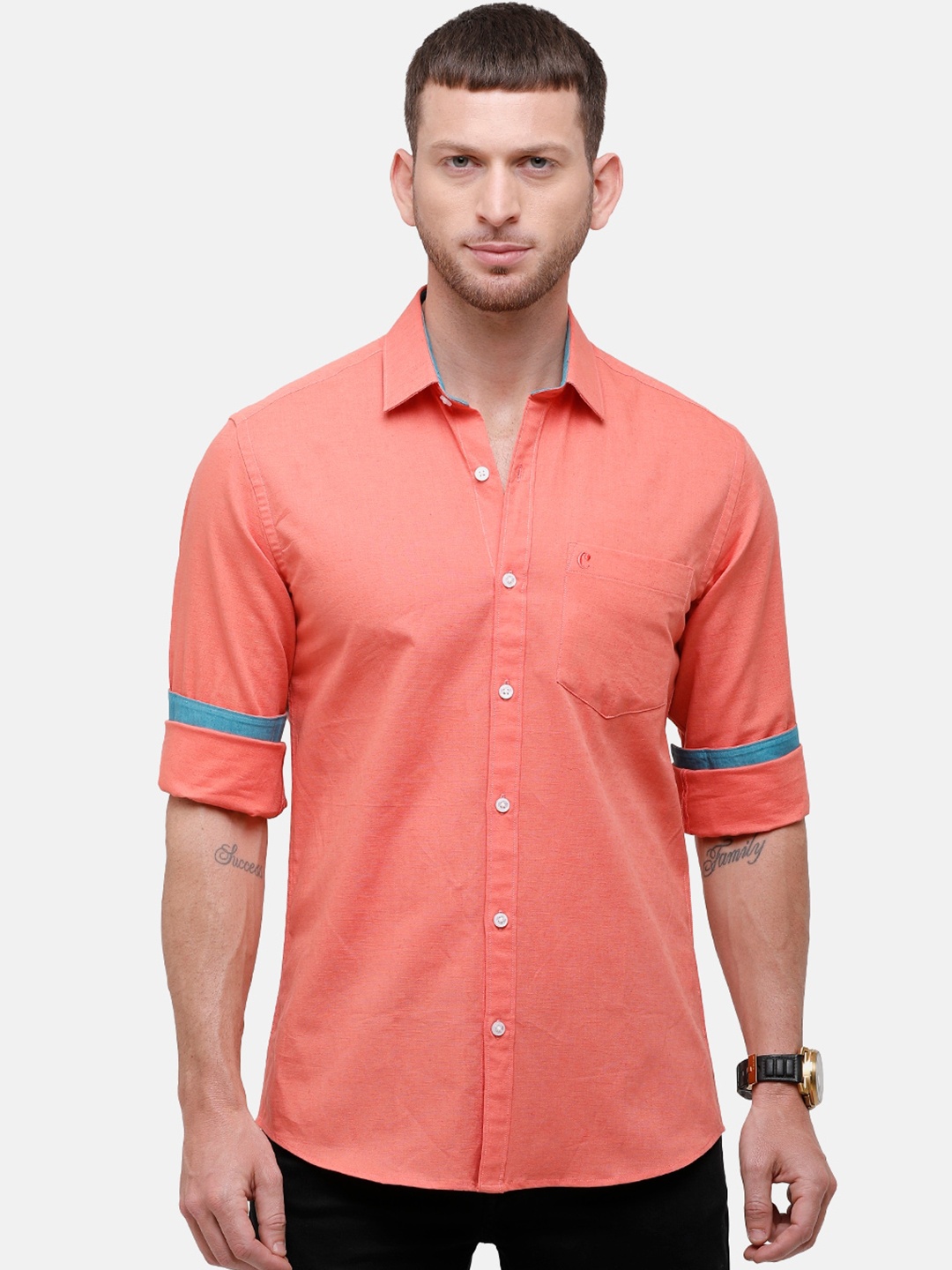 

CAVALLO by Linen Club Men Coral Orange Linen Cotton Regular Fit Solid Casual Shirt