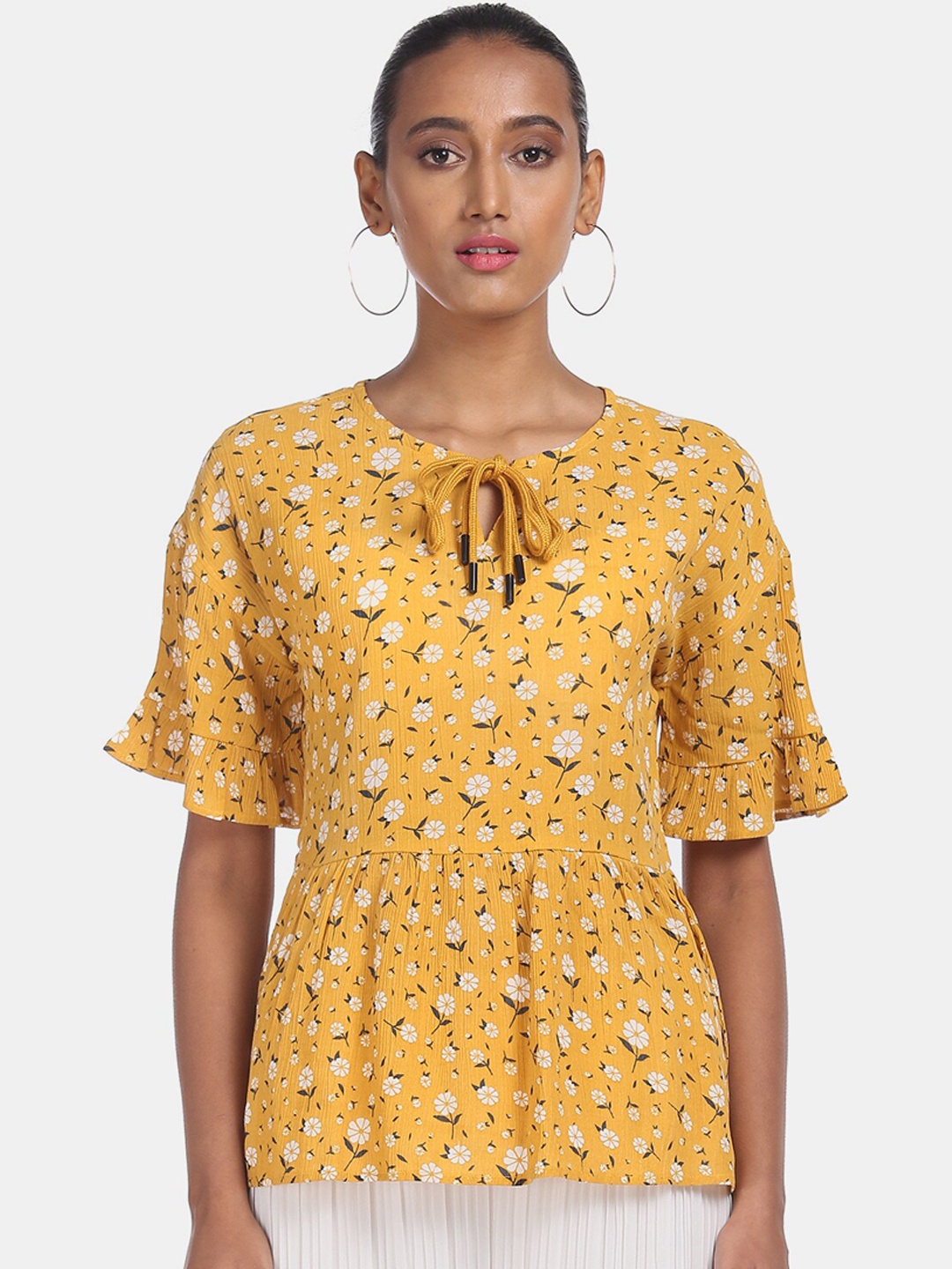 

Cherokee Mustard Floral Yellow Printed Tie-Up Neck Flutter Sleeves Regular Top