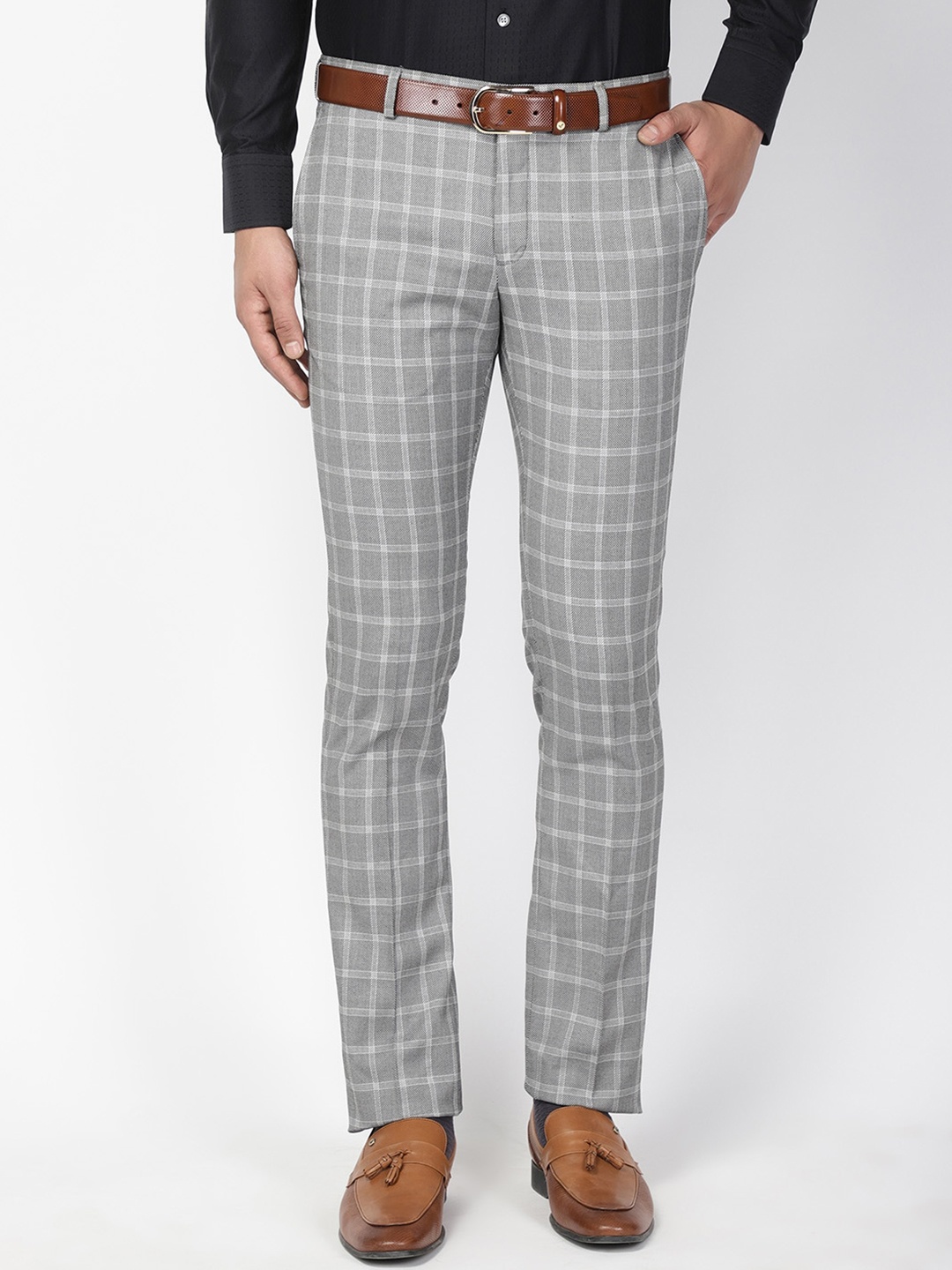 Blackberrys Men Grey & White B-95 Slim Fit Checked Formal Trousers