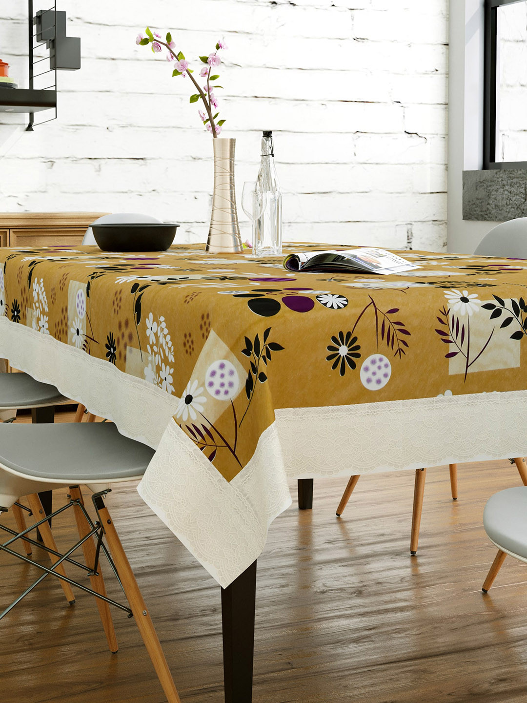

Clasiko Brown & White Floral Printed Anti Slip 6 Seater Table Cover