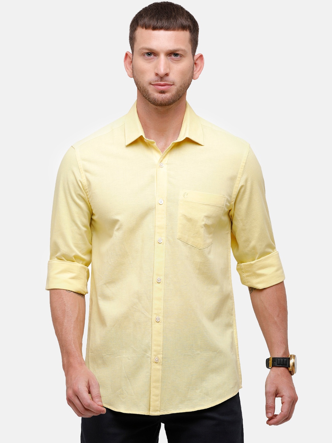 

CAVALLO by Linen Club Men Yellow Cotton Linen Regular Fit Solid Casual Shirt