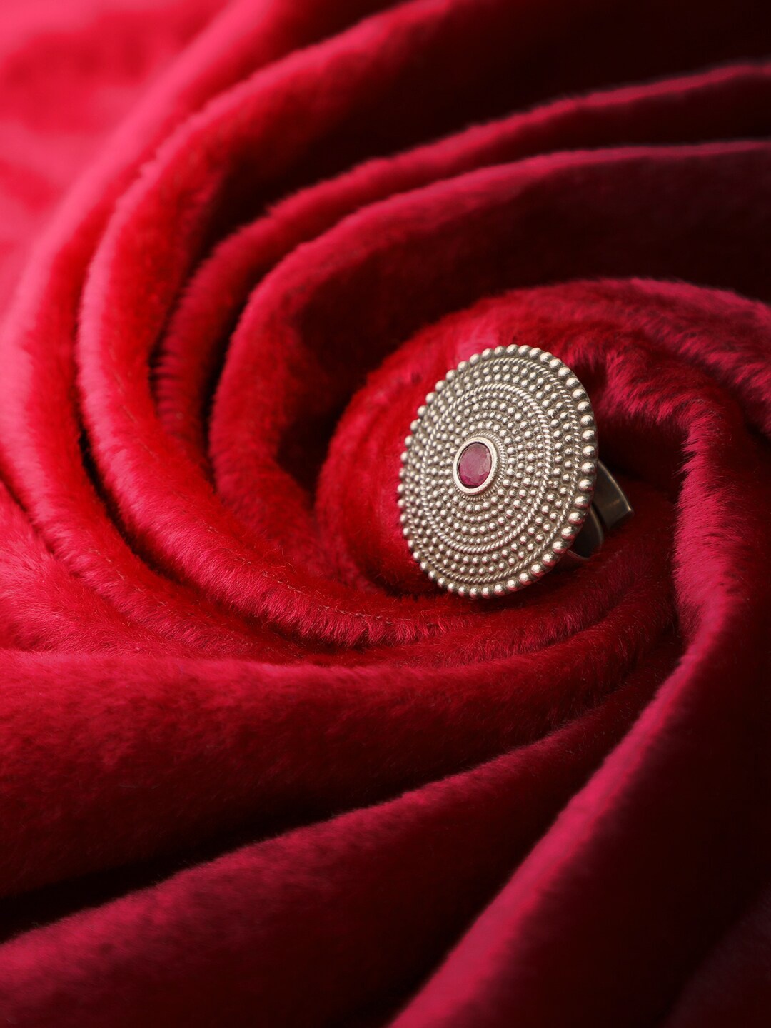 

Adwitiya Collection Maroon Silver-Plated Oxidised Studded Adjustable Finger Ring