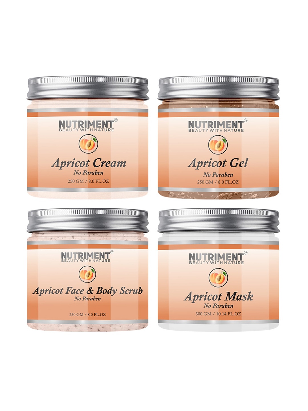 

Nutriment Pack of 4 Apricot Scrub - Gel - Cream & Mask - 1050 g, Transparent