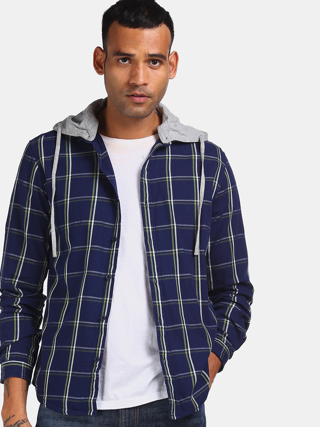 

Colt Men Navy Blue & Green Regular Fit Hooded Checked Casual Shirt