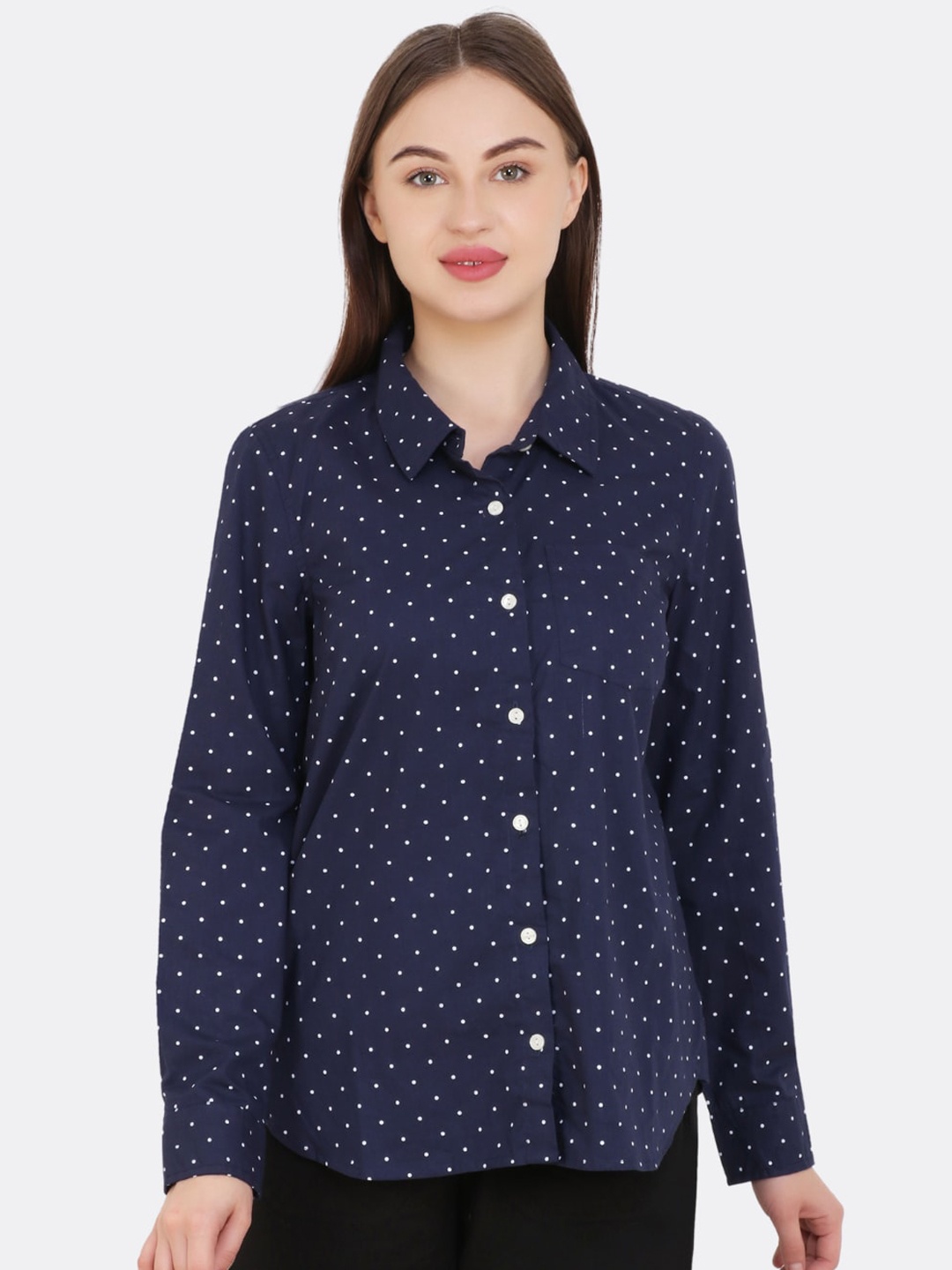 

FABNEST Women Navy Blue & White Regular Fit Printed Formal Shirt