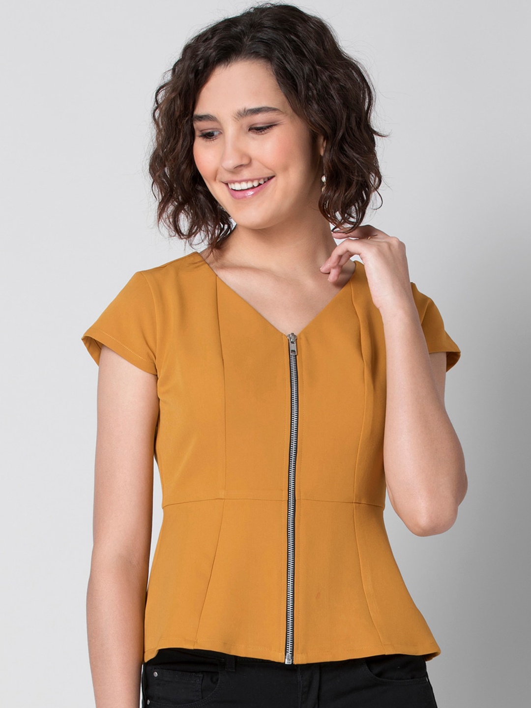 

FabAlley Women Yellow Solid Zipped Peplum Top
