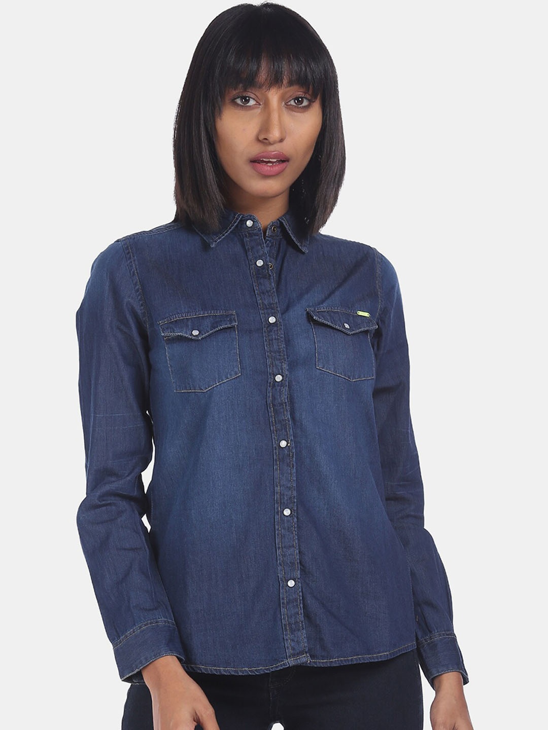 

Flying Machine Women Navy Regular Fit Faded Chambray Shirt, Navy blue