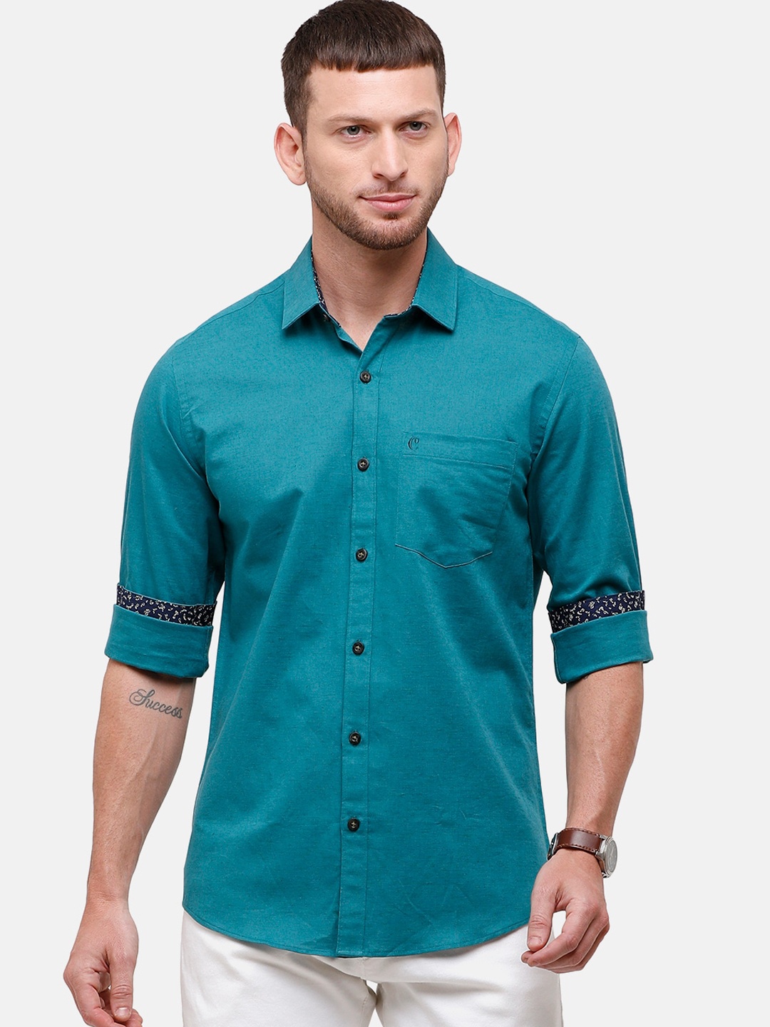 

CAVALLO by Linen Club Men Teal Green Cotton Linen Regular Fit Solid Casual Shirt