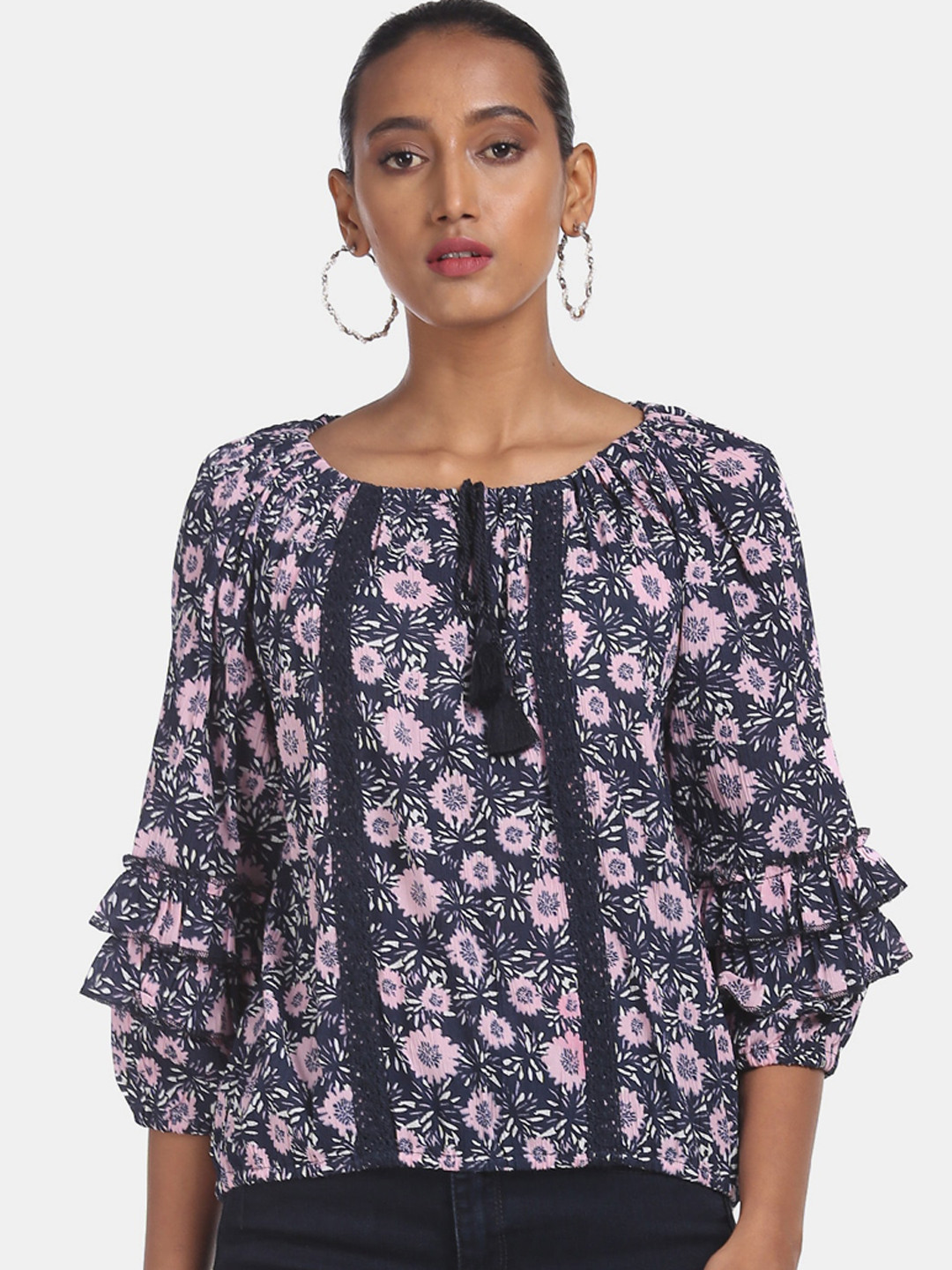 

Cherokee Navy Blue Printed Regular Top