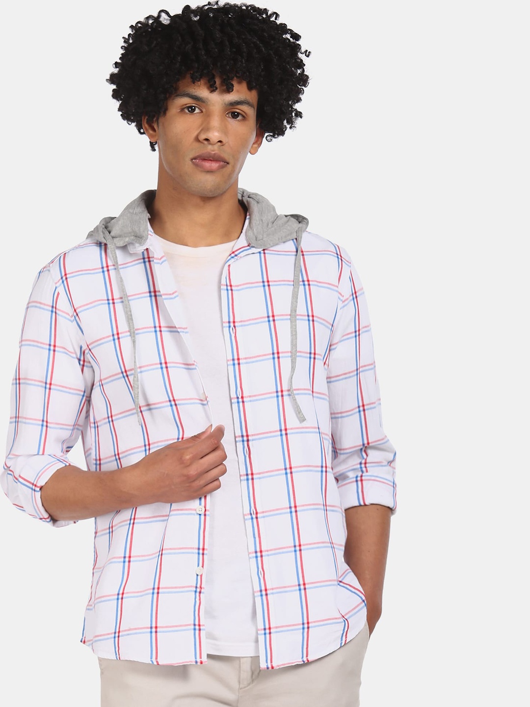 Colt Men White & Blue Regular Fit Checked Hooded Casual Shirt