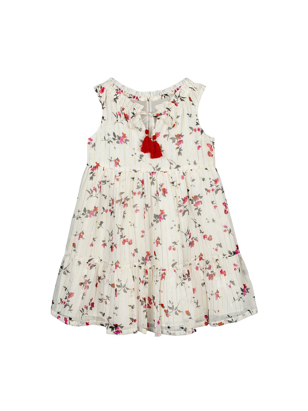 Budding Bees Girls Off-White & Red Floral Print A-Line Dress