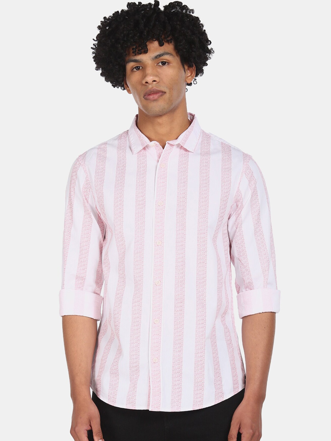 

Colt Men White & Pink Regular Fit Typography Striped Casual Shirt