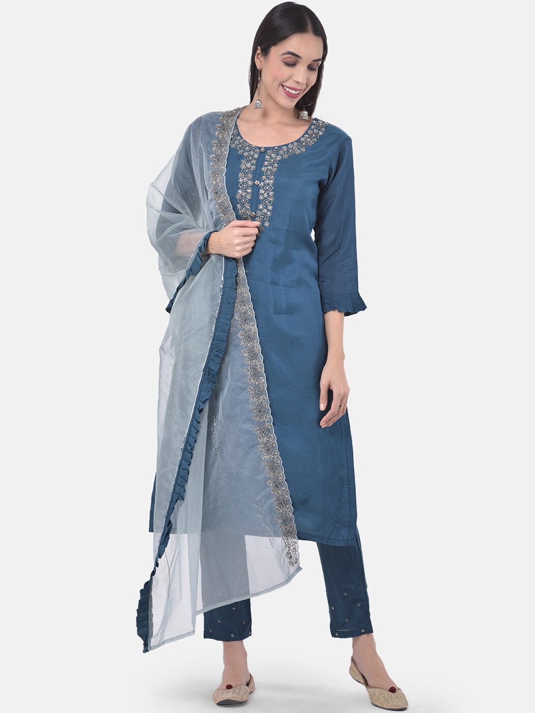 

Neerus Women Blue & Grey Embroidered Kurta with Trousers & Dupatta