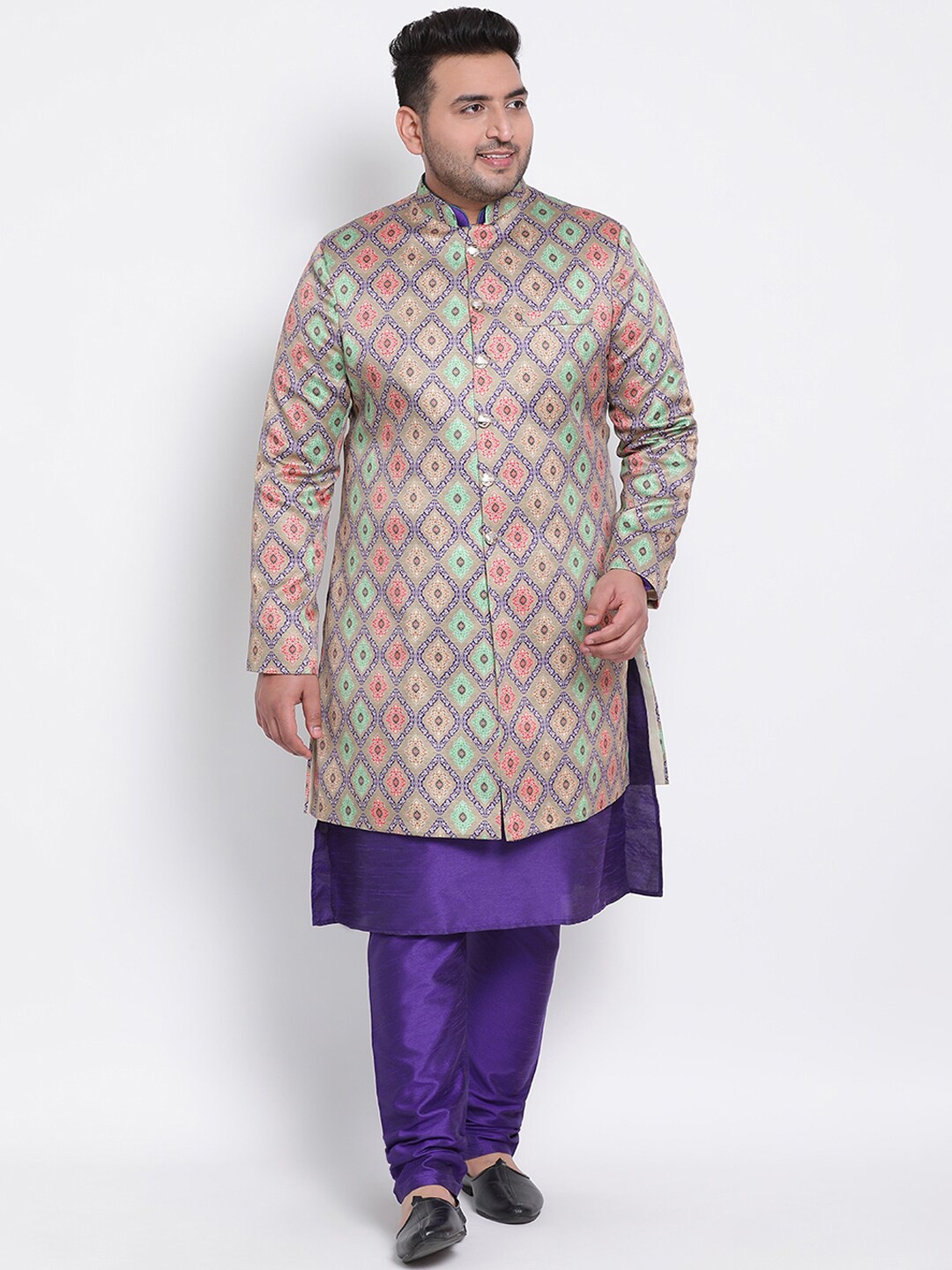 

Hangup Men Beige & Blue Printed Sherwani Set