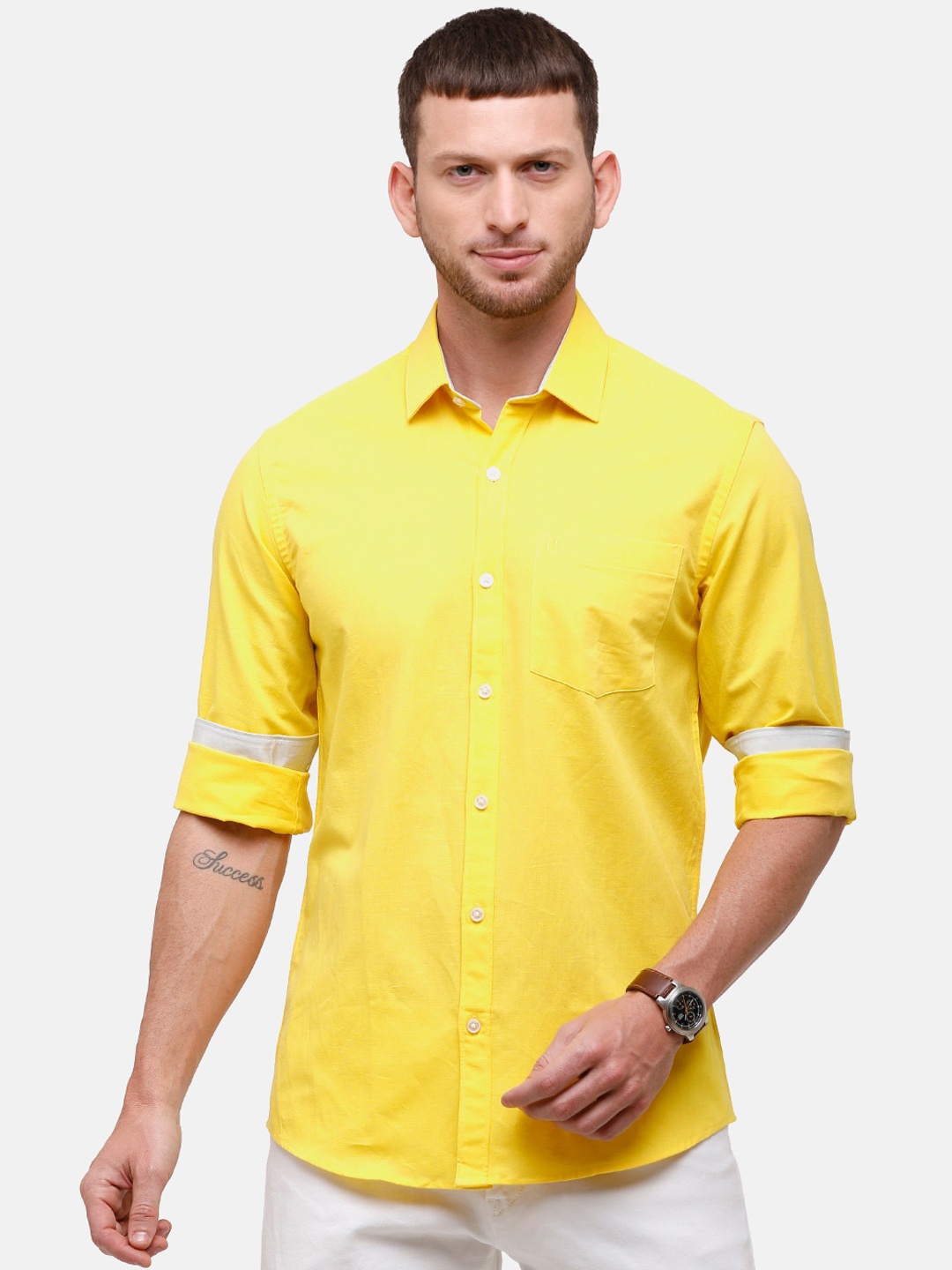 

CAVALLO by Linen Club Men Yellow Linen Cotton Regular Fit Solid Casual Shirt