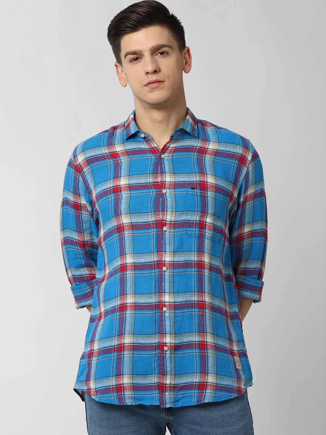 

Peter England Men Blue & Rust Red Linen Slim Fit Checked Casual Shirt