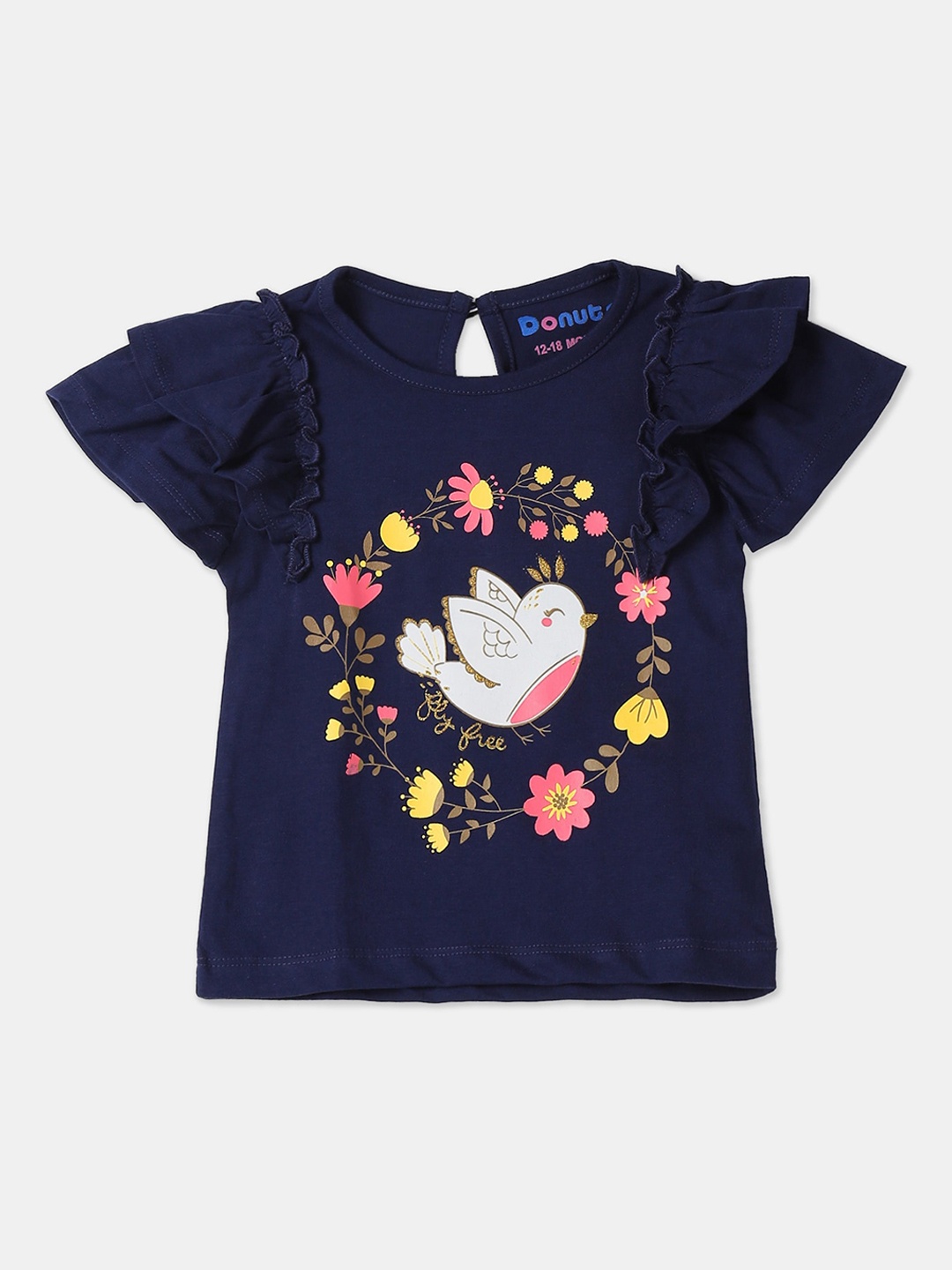 

Donuts Navy Blue & Pink Floral Printed Flutter Sleeves Regular Top
