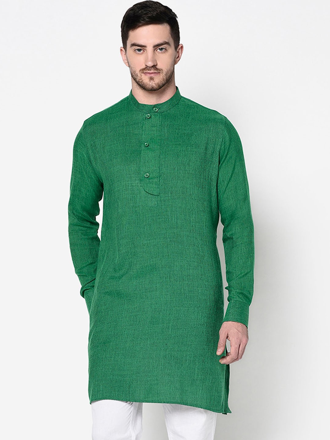 

DEYANN Men Green Woven Design Mandarin Collar Kurta