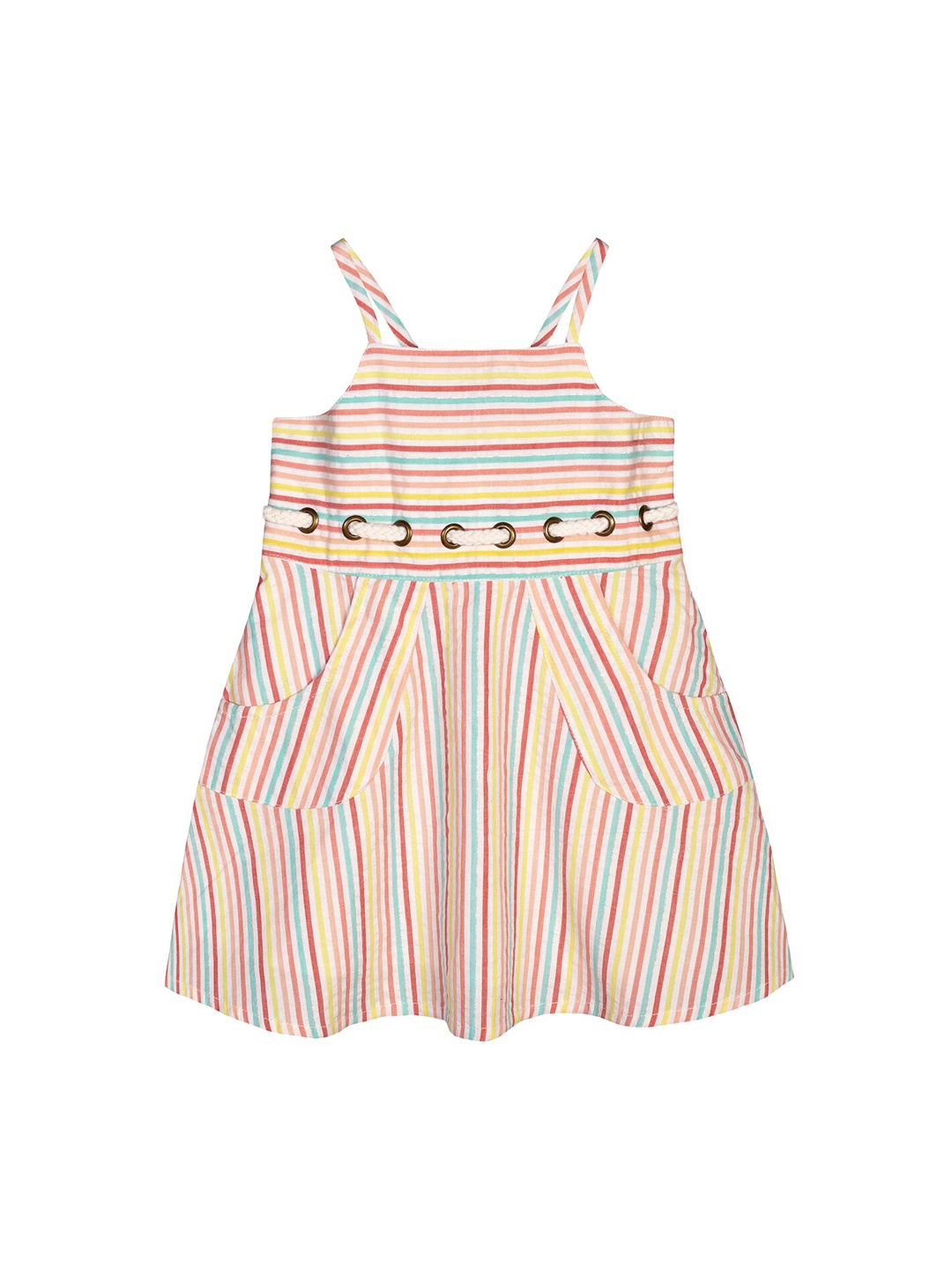 

Budding Bees Girls Off-White & Peach-Coloured Cotton Striped A-Line Dress