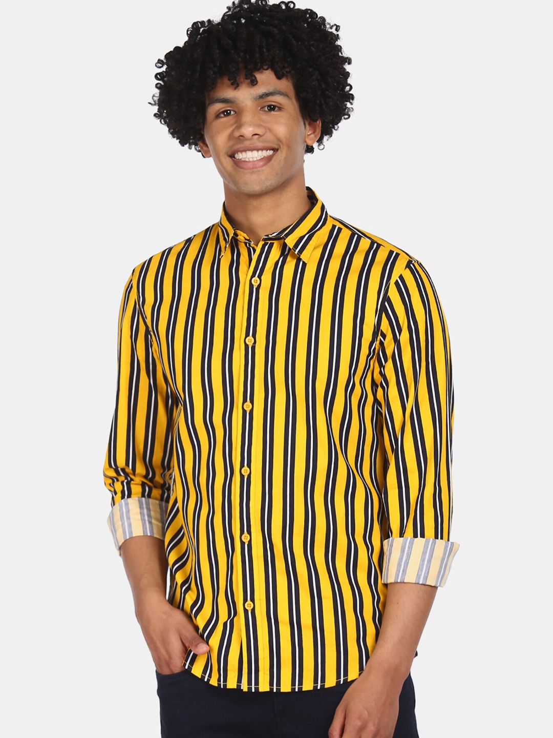 

Colt Men Yellow & Black Regular Fit Striped Casual Shirt