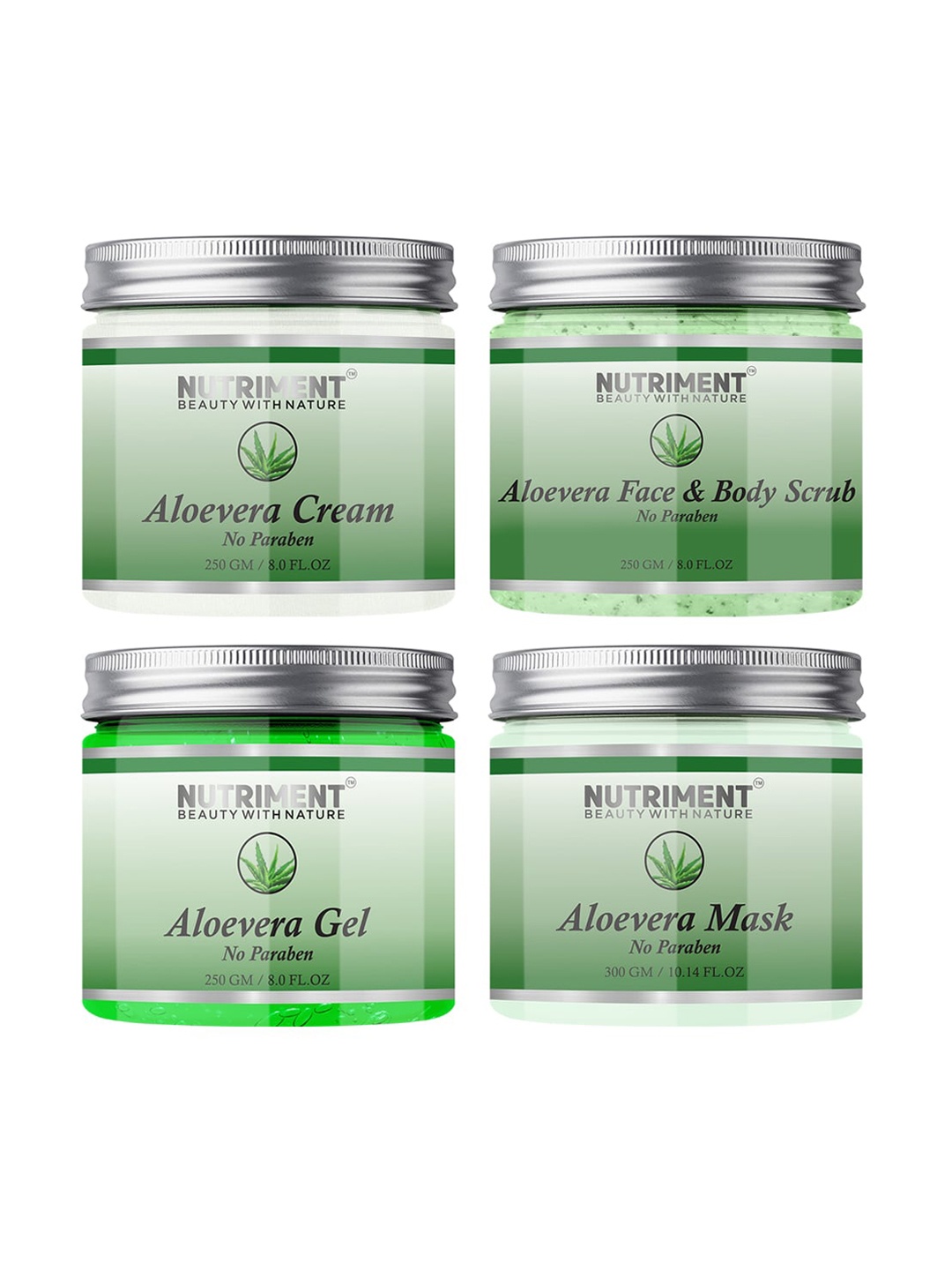 

Nutriment Aloevera Scrub, Gel, Cream 250gm & Mask 300gm (Combo of 4), Transparent