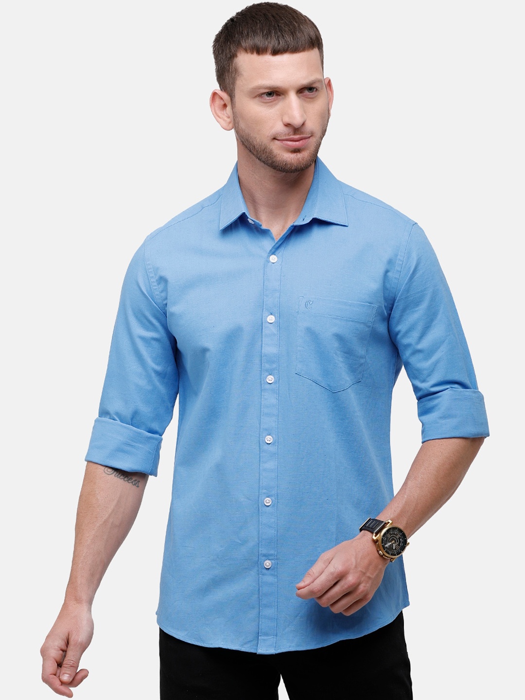 

CAVALLO by Linen Club Men Blue Cotton Linen Regular Fit Solid Casual Shirt