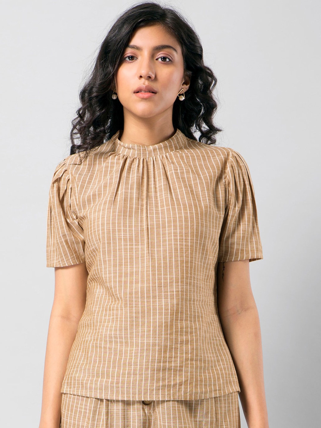 

FabAlley Beige Striped Puff Sleeves Pure Cotton Regular Top