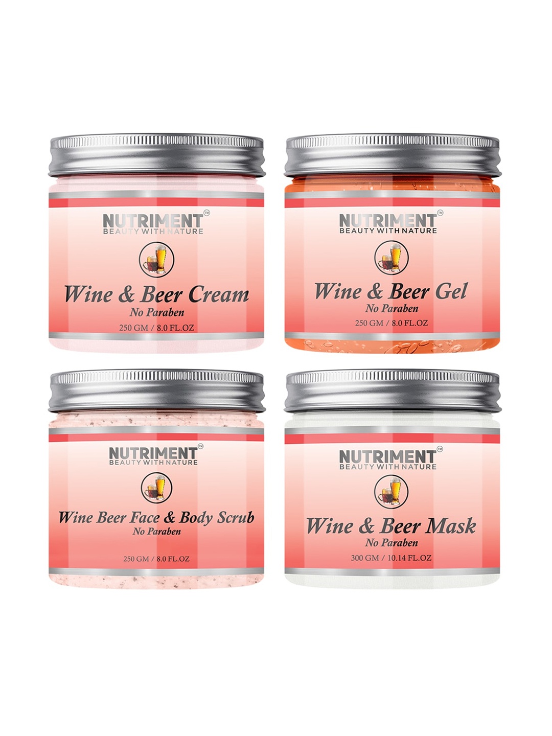 

Nutriment Pack of 4 Wine & Beer Scrub - Gel - Cream & Mask - 1050 g, Transparent