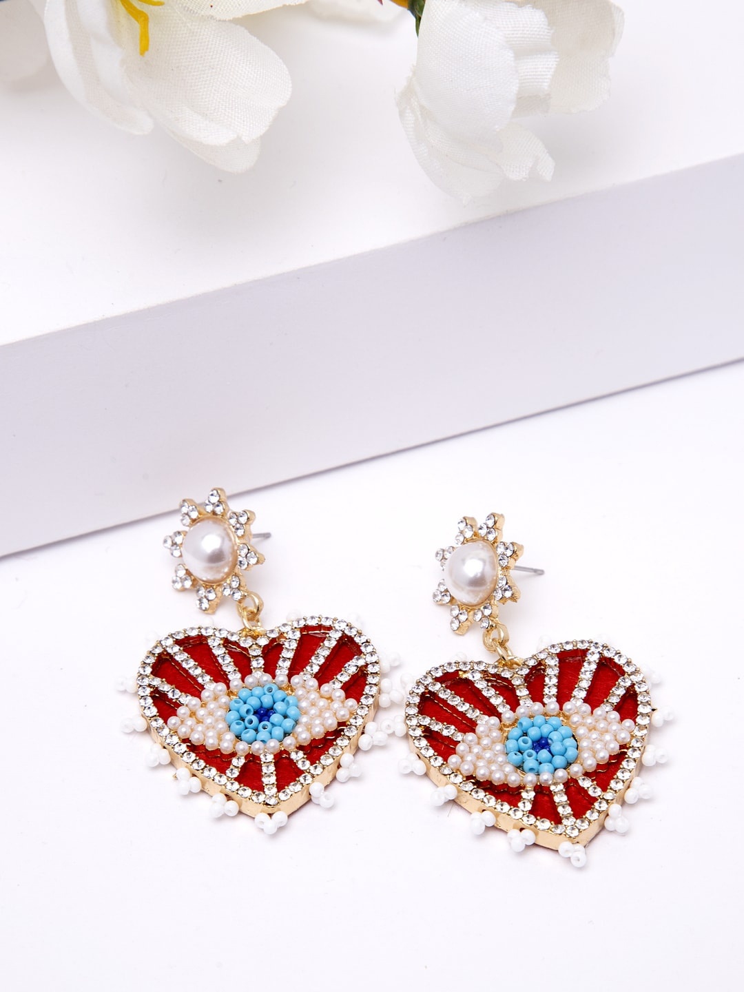 

AVANT-GARDE PARIS Red Gold-Plated Stone Studded & Beaded Heart Shaped Drop Earrings