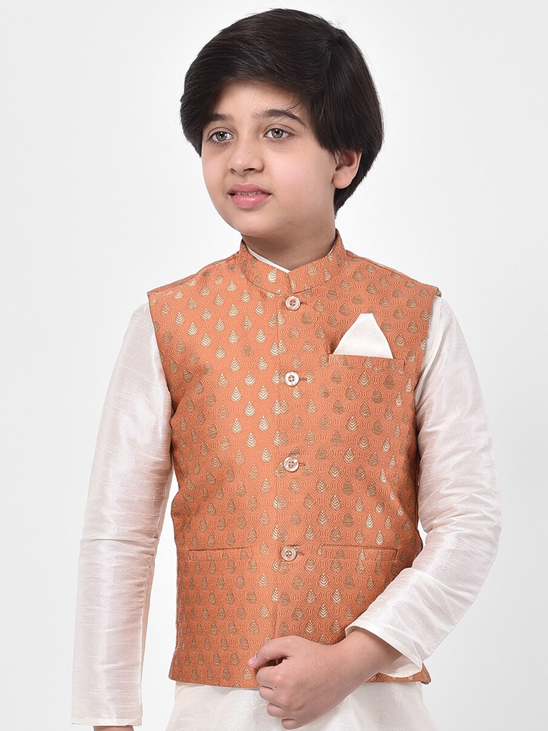 

DEYANN Boys Peach-Coloured & Golden Jacquard Silk Nehru Jacket with Pocket Square