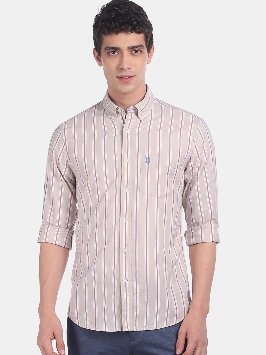 

U.S. Polo Assn. Men Beige & White Regular Fit Striped Casual Shirt