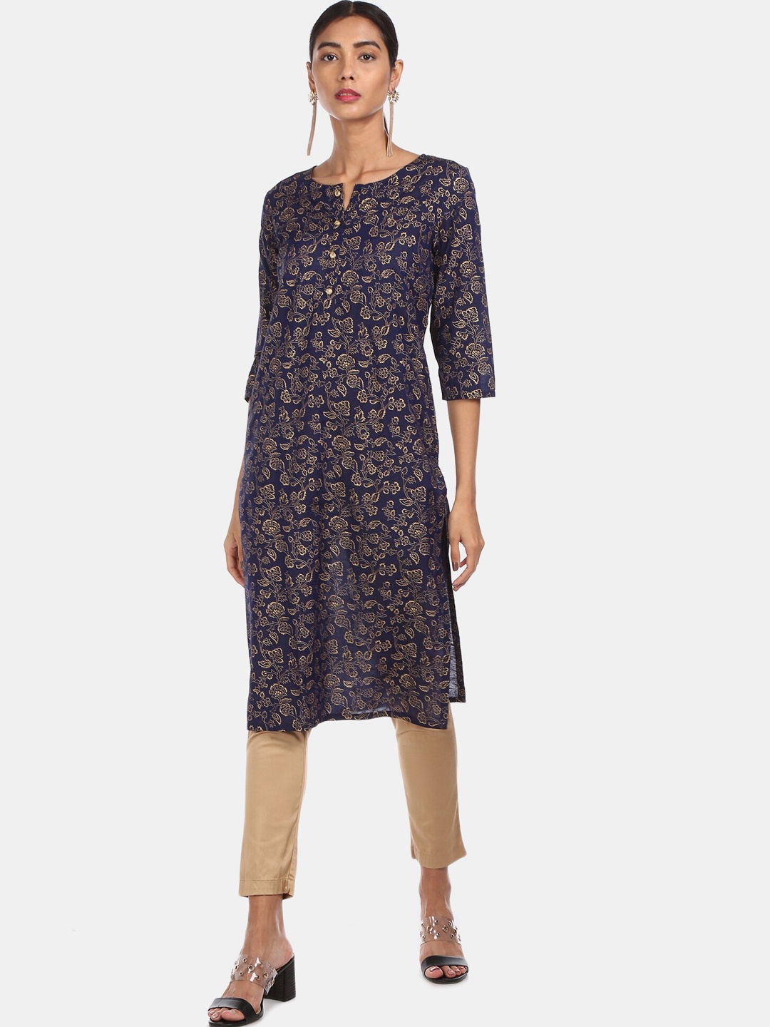 

Karigari Women Navy Blue Floral Printed Kurta