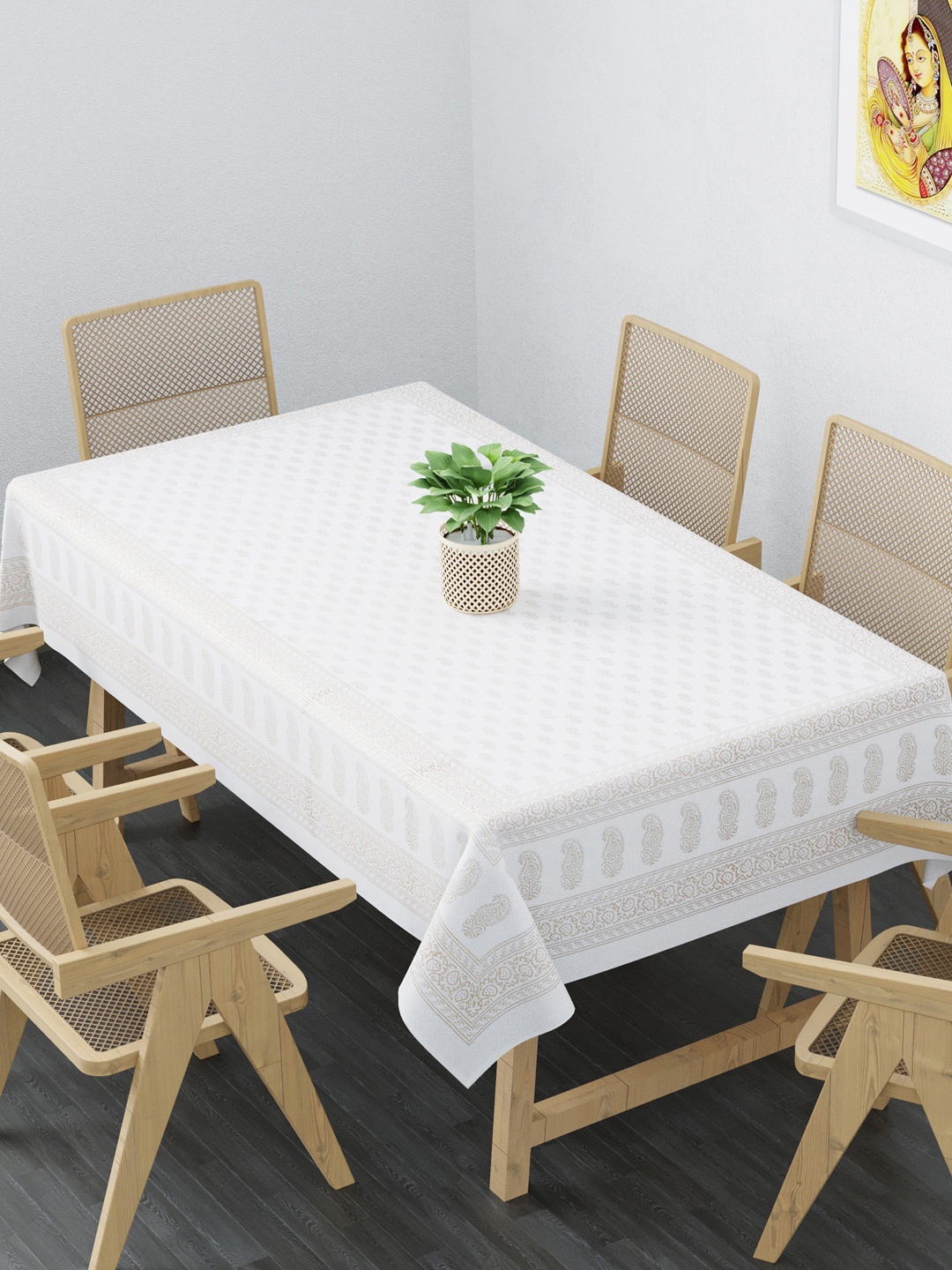 Clasiko White & Gold-Toned Printed 6 Seater Pure Cotton Table Cloth