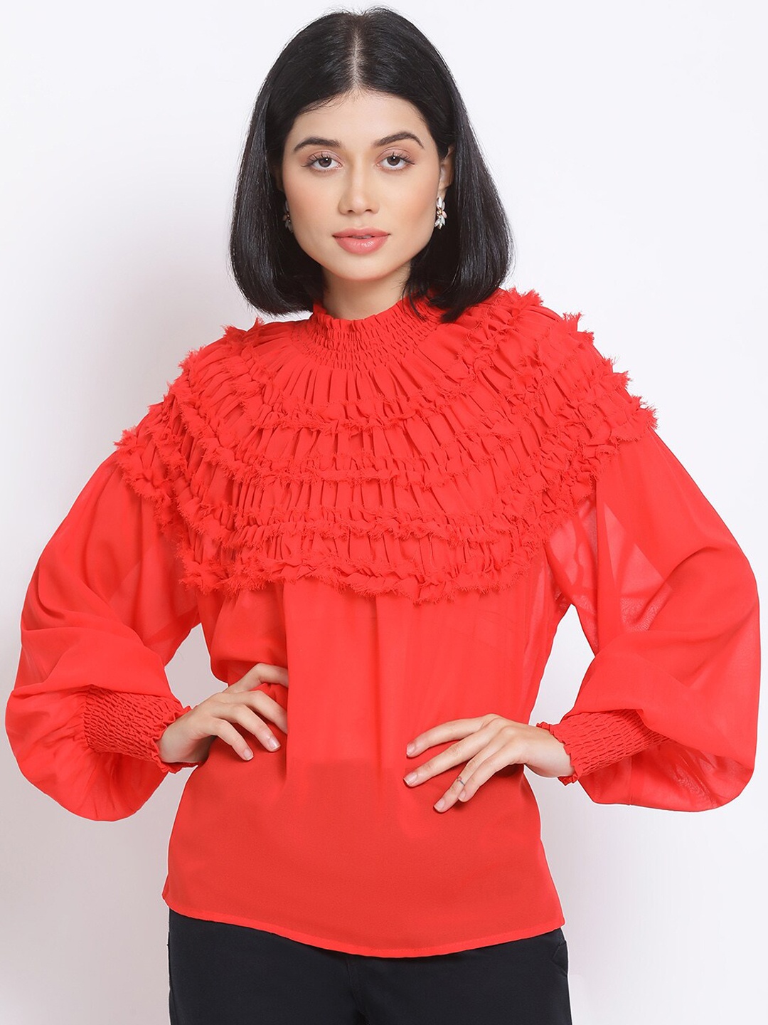 

Oxolloxo Red Puff Sleeves Blouson Top