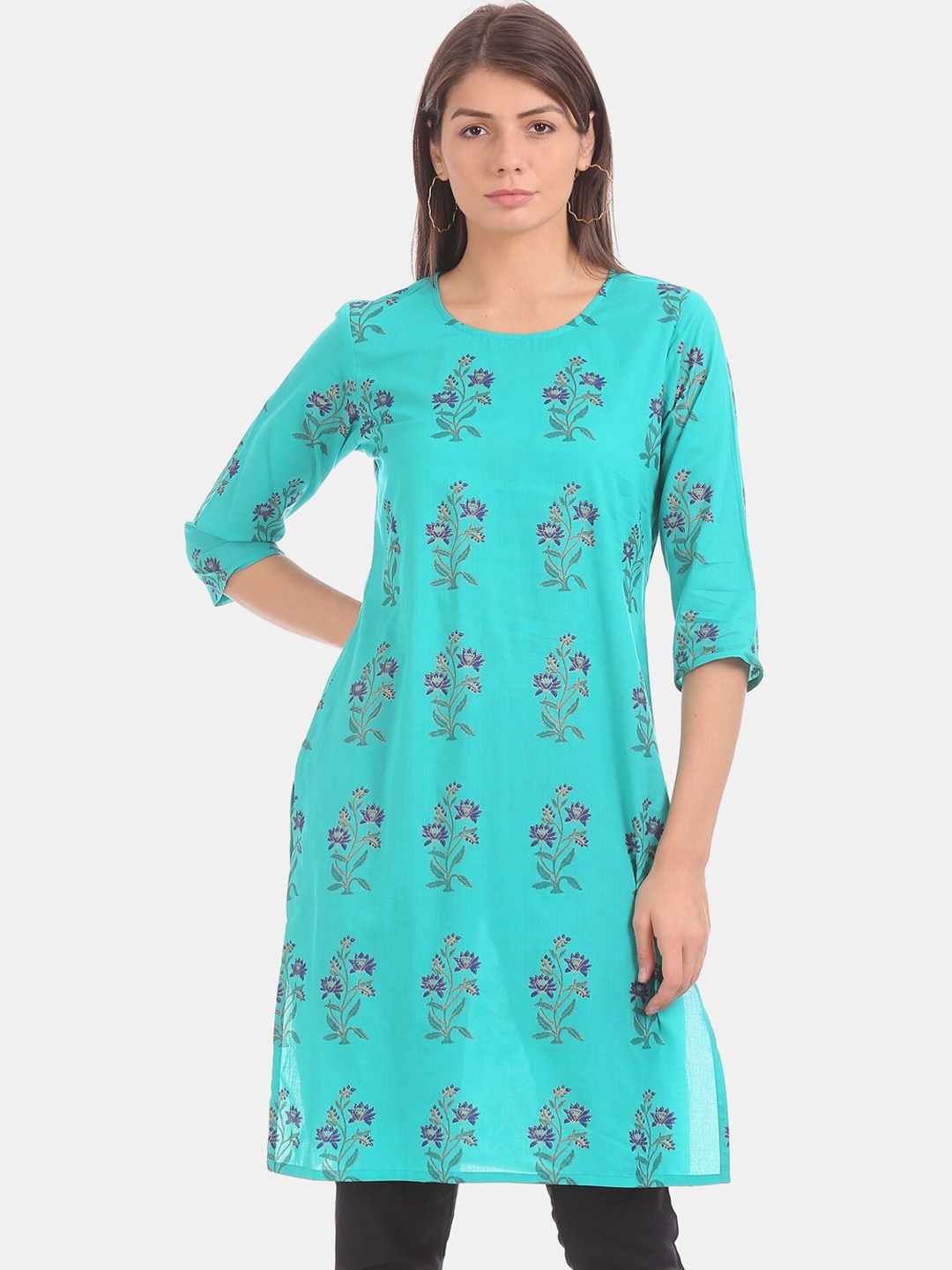 

Karigari Women Blue & Green Floral Printed Kurta