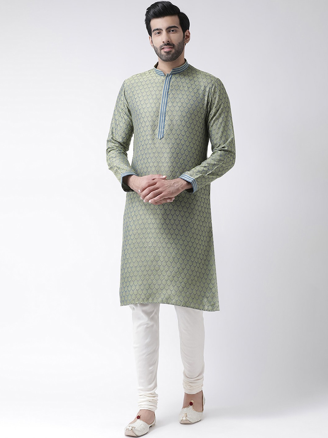 

KISAH Men Green Ethnic Motifs Jacquard Mandarin Collar Kurta