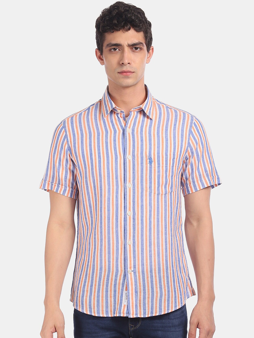 

U.S. Polo Assn. Men Orange & Blue Regular Fit Striped Casual Shirt