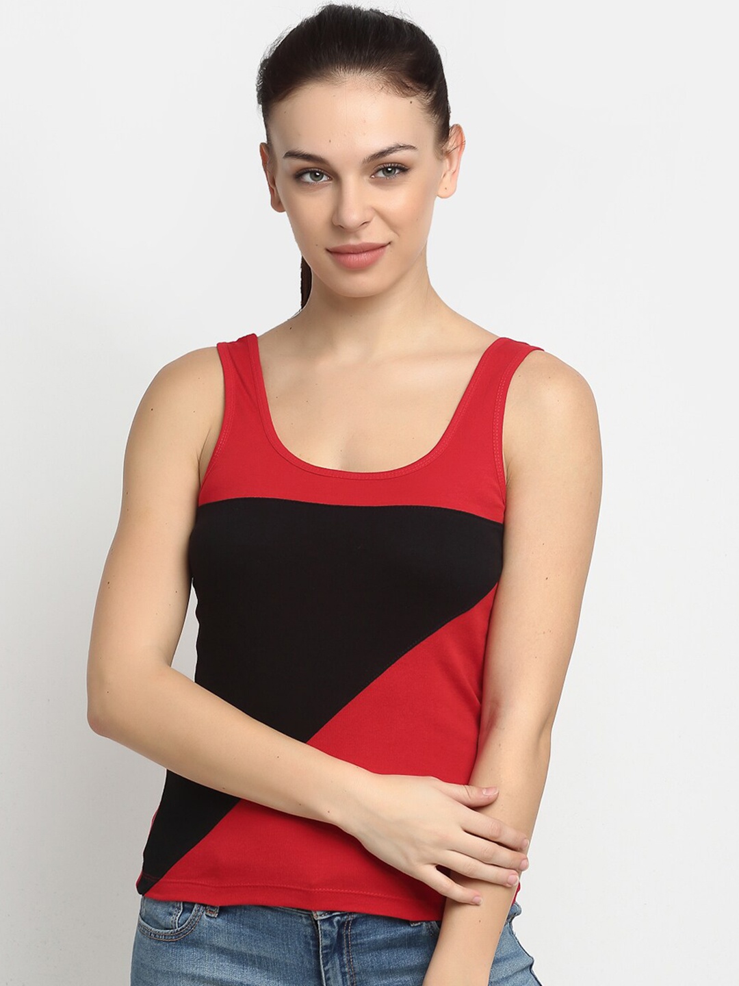 

Friskers Black & Red Colourblocked Pure Cotton Tank Top