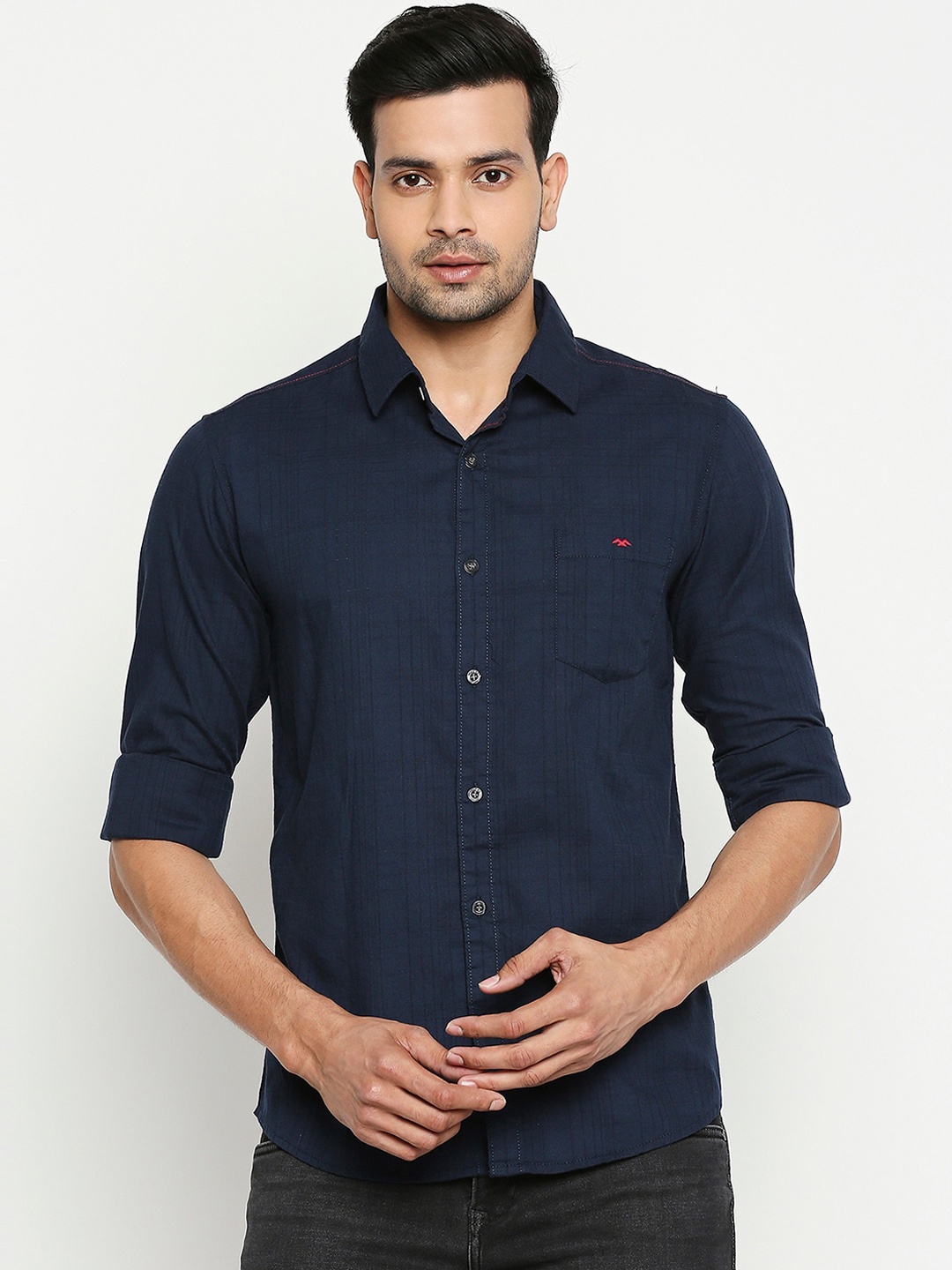 

Mufti Men Navy Blue Slim Fit Checked Casual Shirt