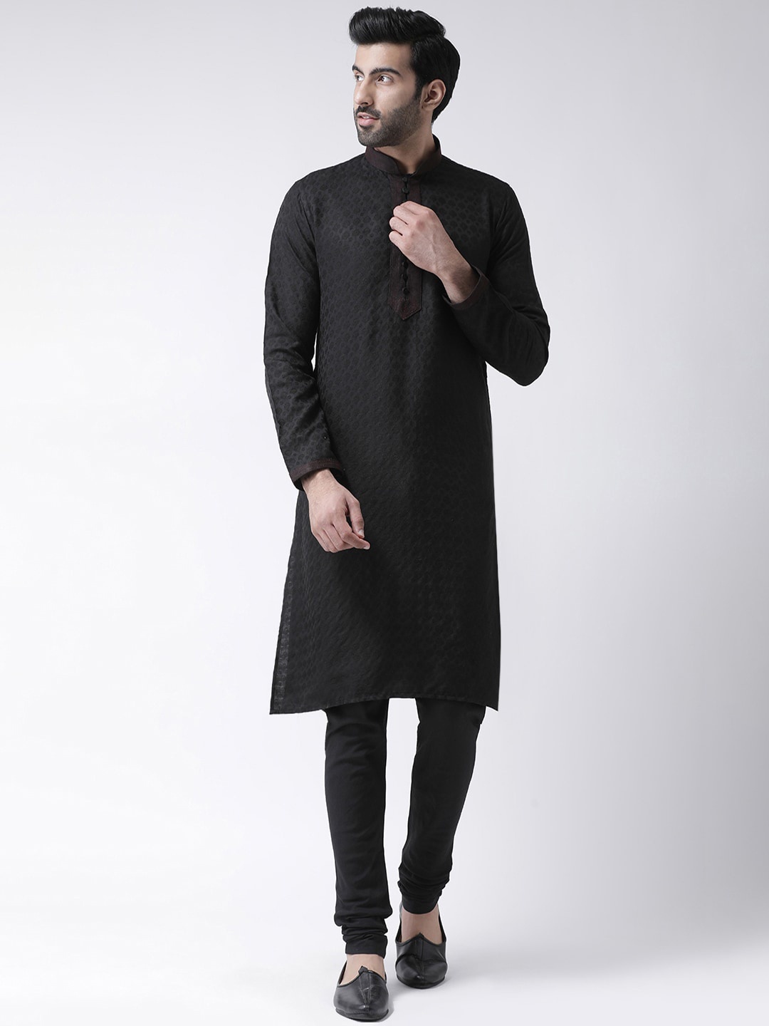 

KISAH Men Black Thread Work Woven Design Mandarin Collar Cotton Kurta