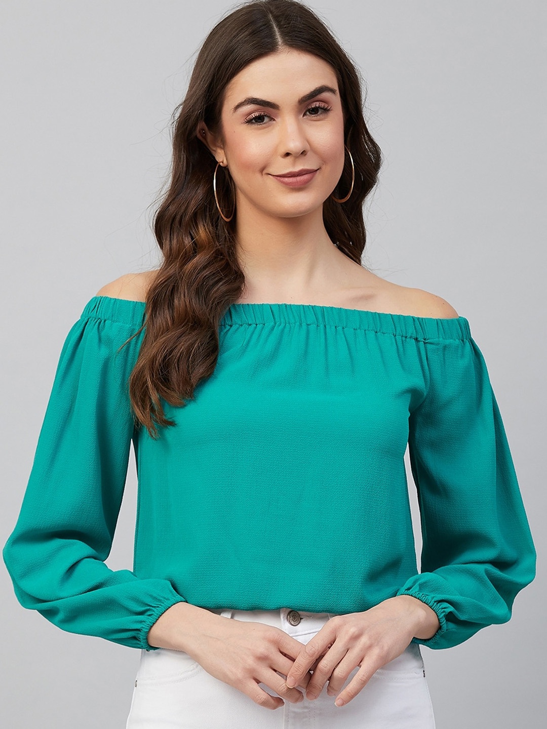 

Carlton London Green Off-Shoulder Bishop Sleeves Crepe Bardot Top