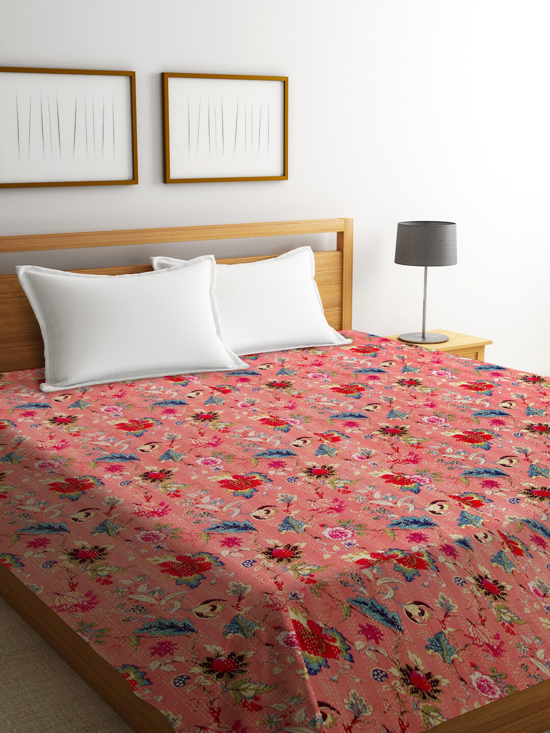 

Rajasthan Decor Pink & Green Floral Kantha Block Print Sustainable Cotton Double Bed Cover
