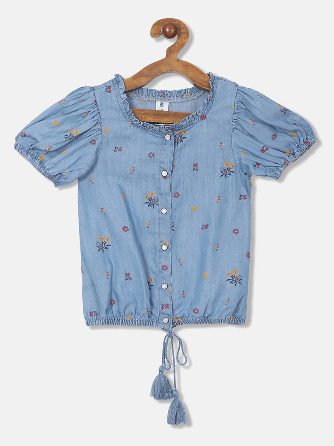

Cherokee Blue Floral Printed Puff Sleeves Blouson Top