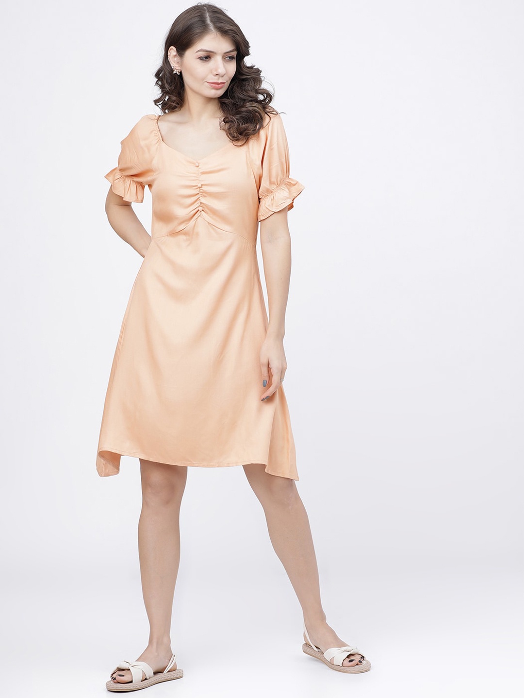 

Tokyo Talkies Women Peach-Coloured Solid A-Line Dress with Gathers