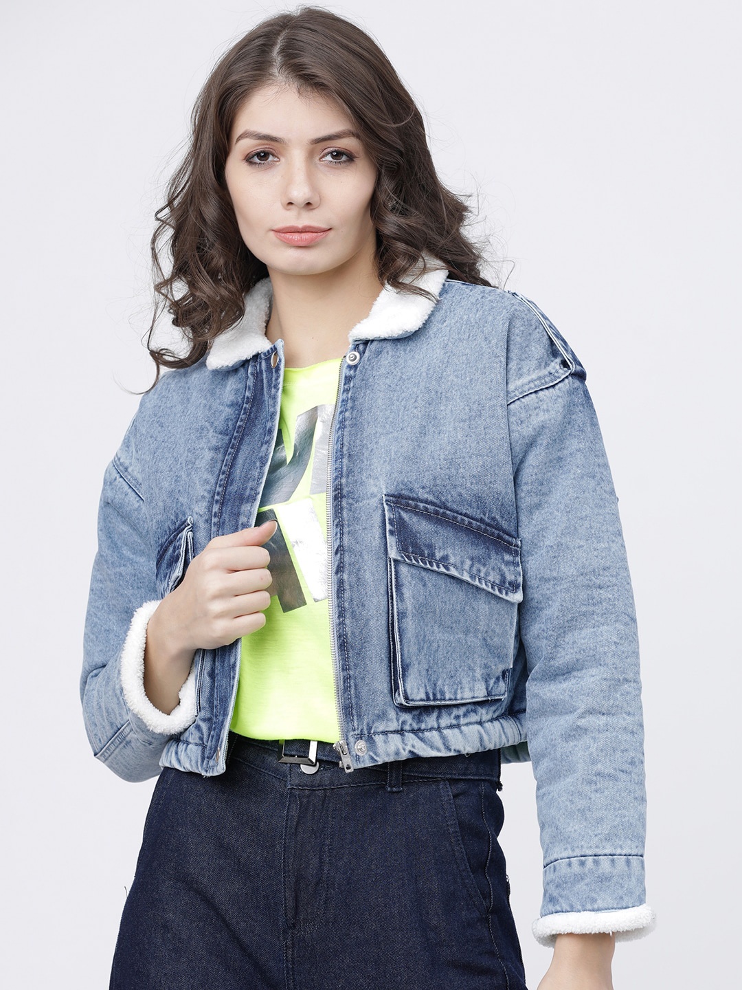 Tokyo Talkies Women Blue Washed Cotton Crop Denim Jacket