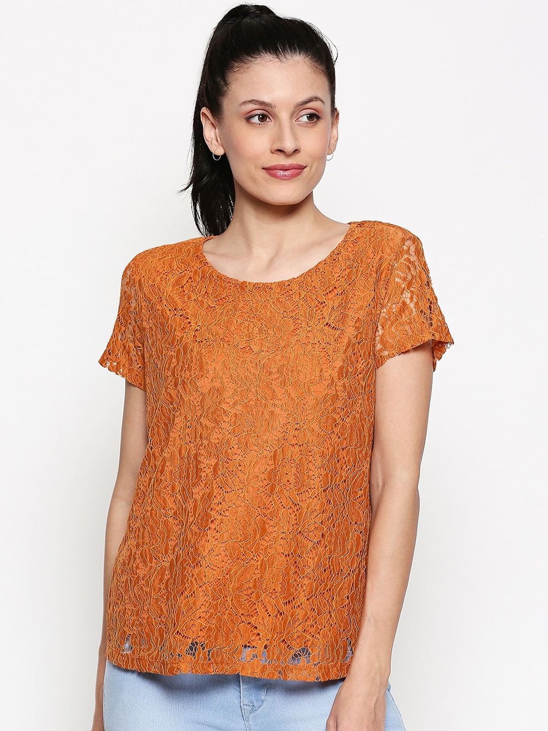 

Honey by Pantaloons Orange Floral Lace Inserts Regular Top