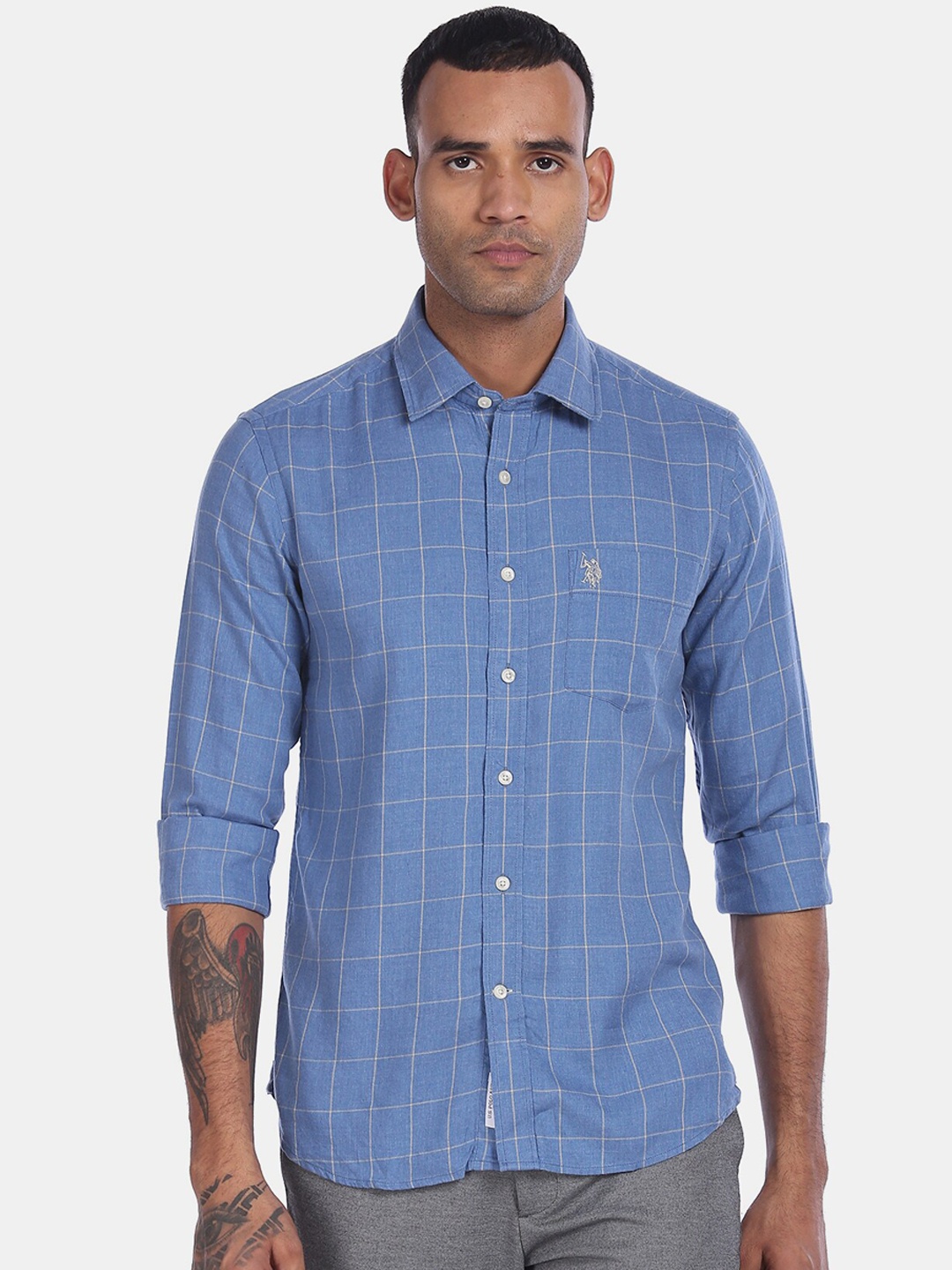 

U.S. Polo Assn. Men Blue & Off-White Regular Fit Checked Casual Shirt