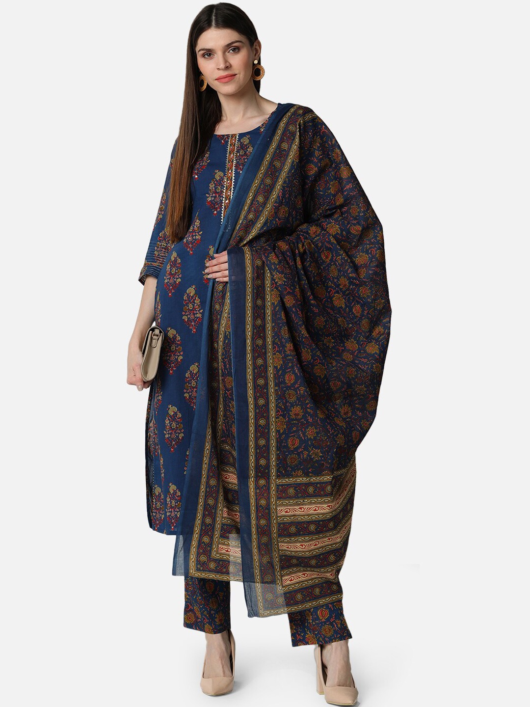 

AHIKA Women Navy Blue & Red Printed Kurta with Trousers & Dupatta