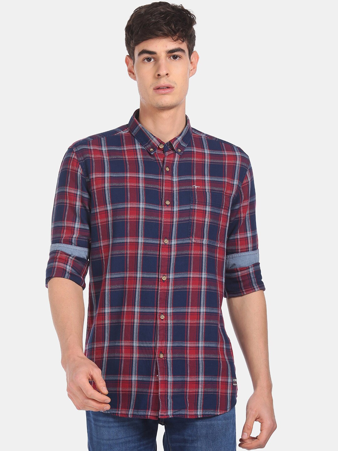 

Flying Machine Men Navy Blue & Red Regular Fit Checked Casual Shirt