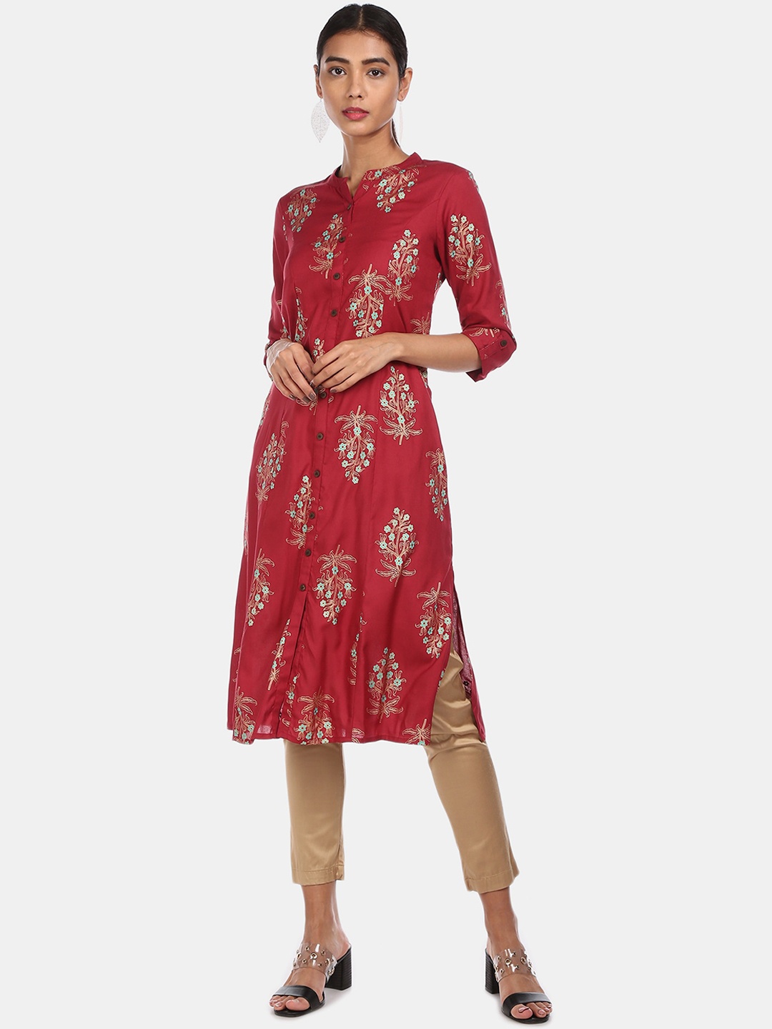 

Karigari Women Maroon & Turquoise Blue Floral Printed Band Collar Kurta